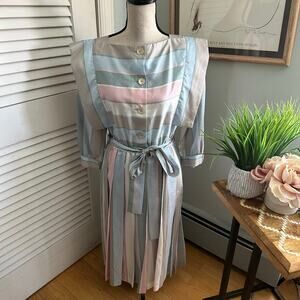 Vintage 80s Dress Womens 7/8 Pastel Blue Pink Retro Office Disco Power Shoulders